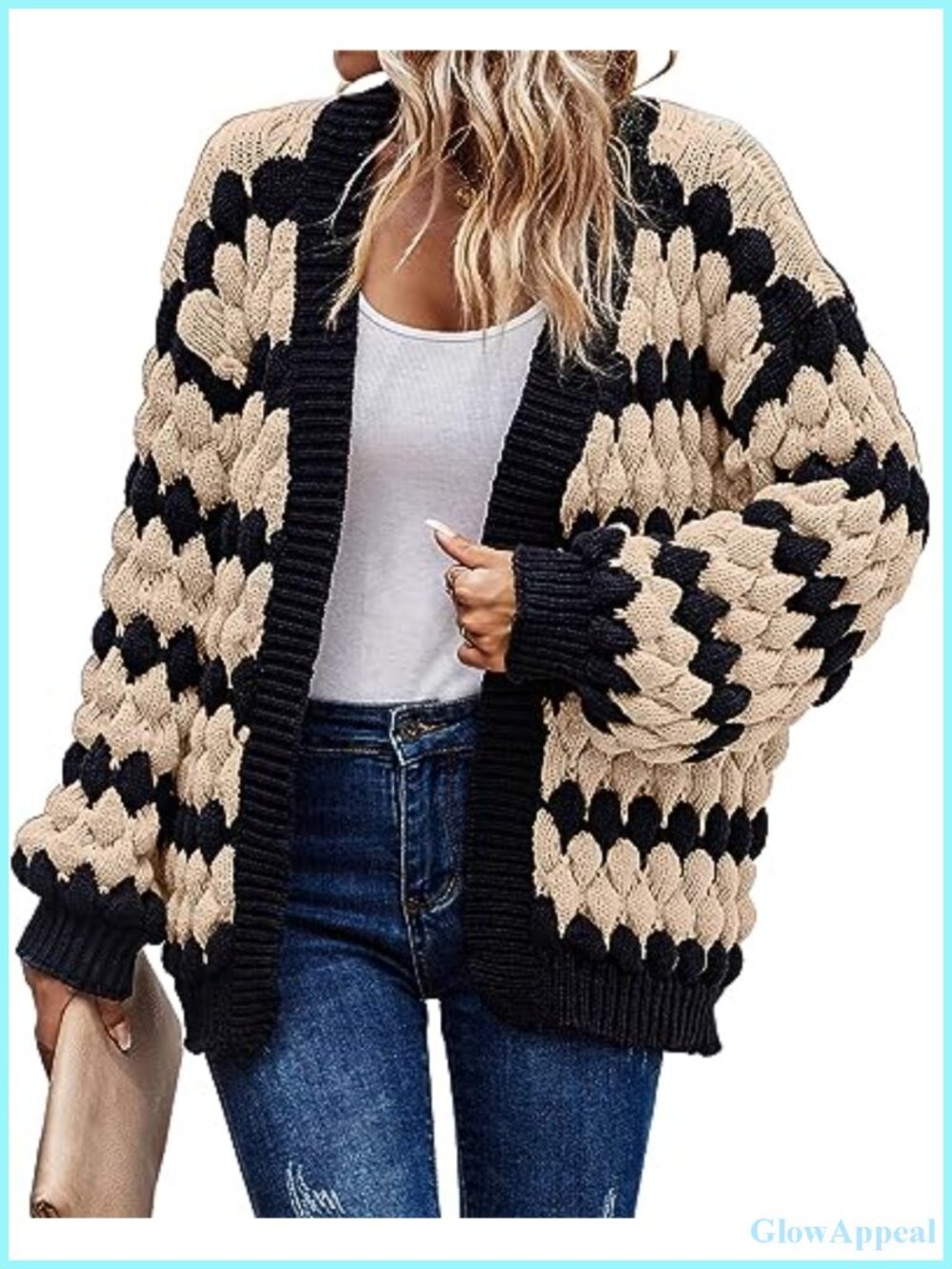 Chunky Cable Knit Open Front Cardigan Sweater Women Lantern Sleeve